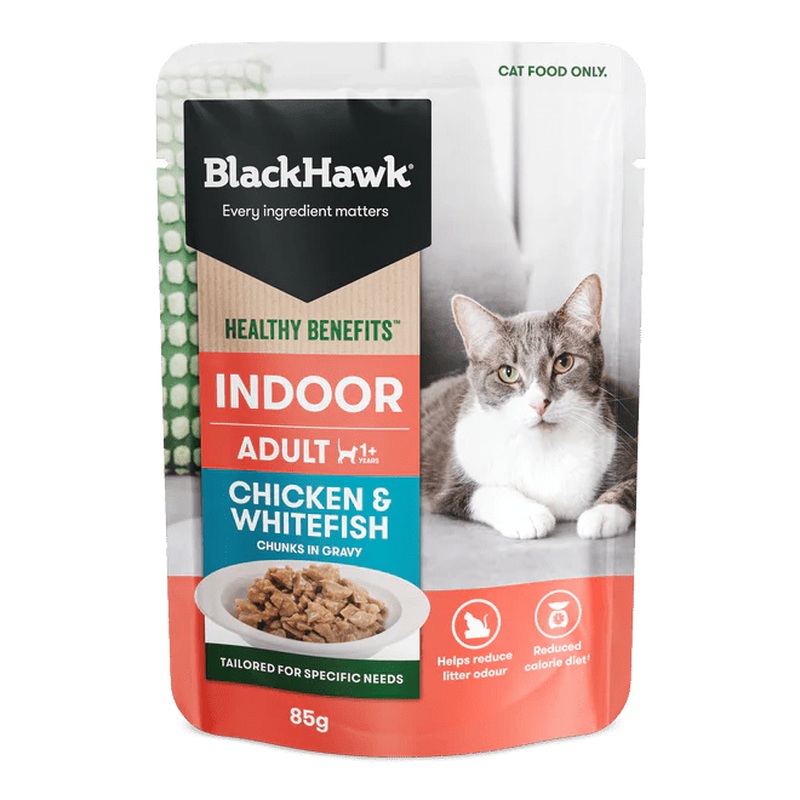 Black Hawk Wet Cat Food Healthy Benefits Indoor Chicken and Whitefish 85g