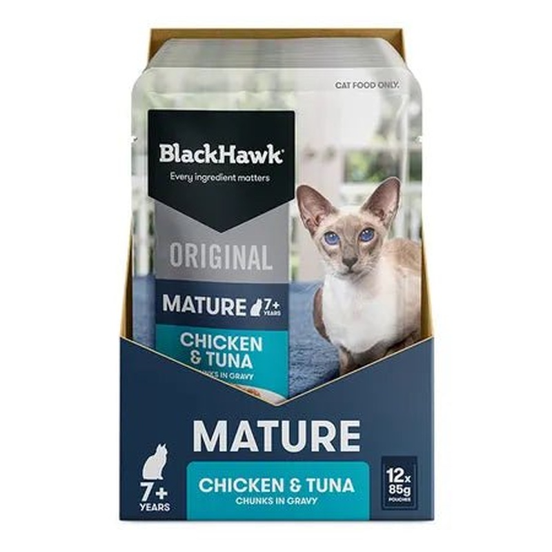 Black Hawk Wet Cat Food Healthy Benefits Mature 7+ Chicken and Tuna 12x85g