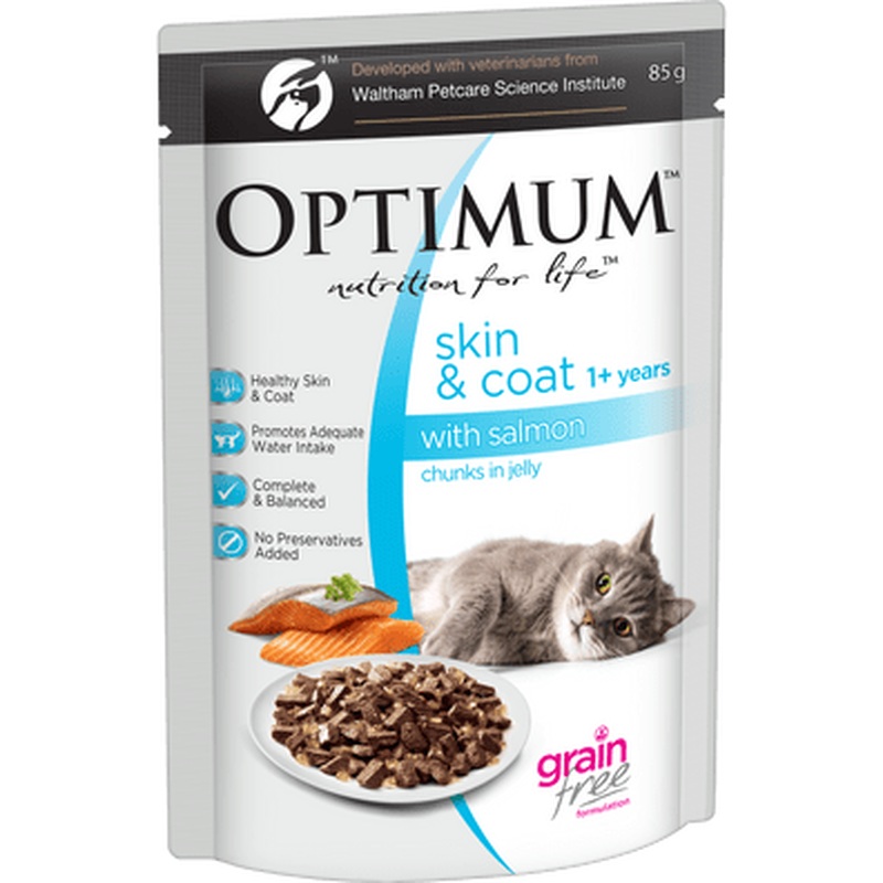 Optimum Wet Cat Food Adult Skin & Coat Chunks in Jelly Salmon 15x85g