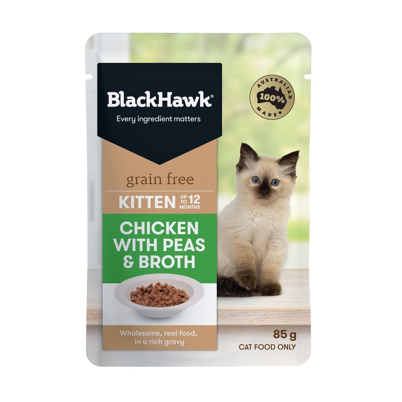 Black Hawk Wet Cat Food Grain Free Kitten Chicken with Peas & Broth 85g