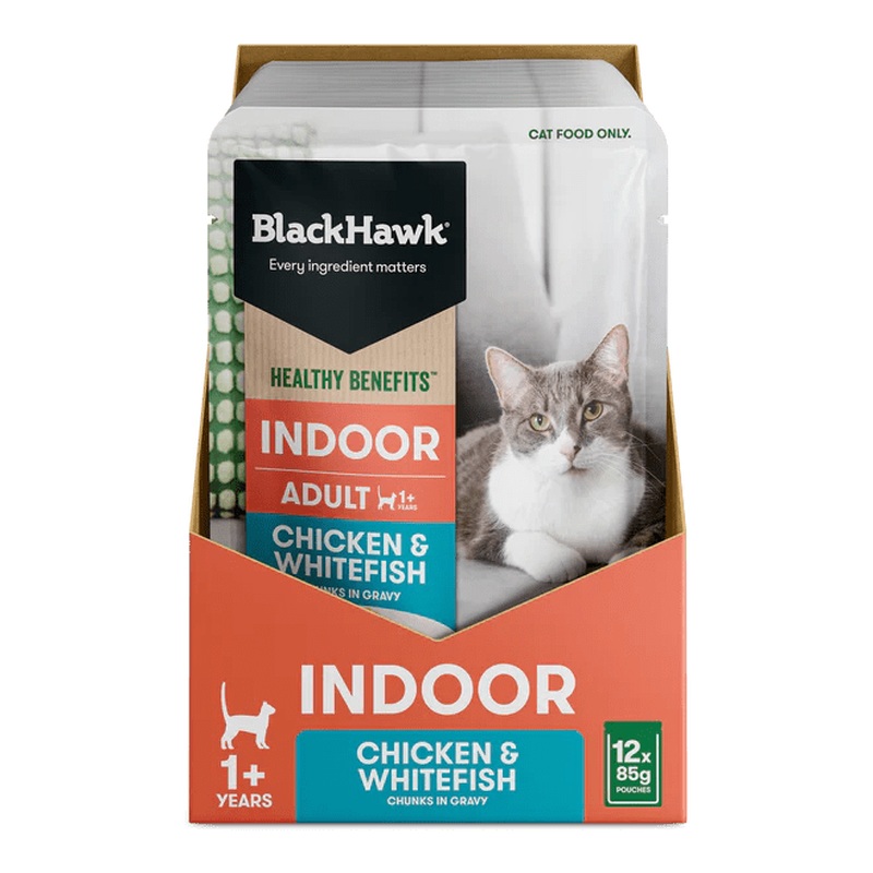 Black Hawk Wet Cat Food Healthy Benefits Indoor Chicken and Whitefish 12x85g
