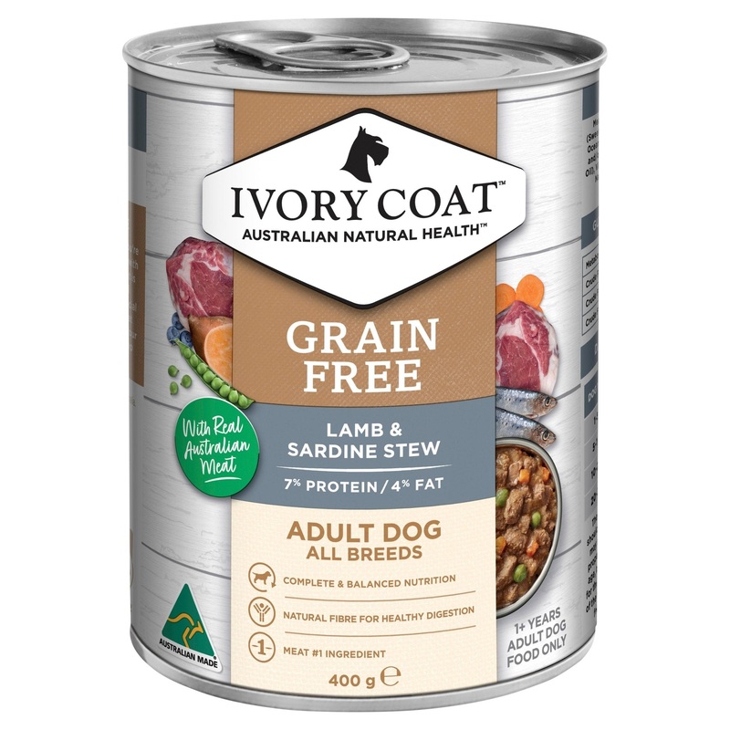 Ivory Coat Grain Free Wet Dog Food Lamb & Sardine Stew 12x400g Cans