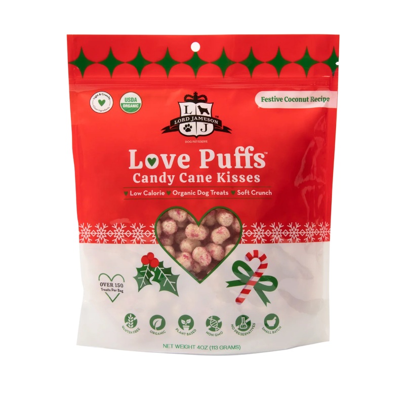 Lord Jameson Love Puffs Candy Cane Kisses Organic Dog Treats - Coconut - 4oz Pouch