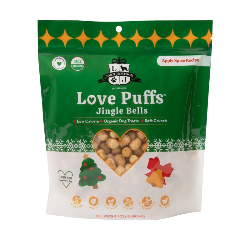 Lord Jameson Love Puffs Jingle Bells Organic Dog Treats - Holiday Apple - 4oz Pouch