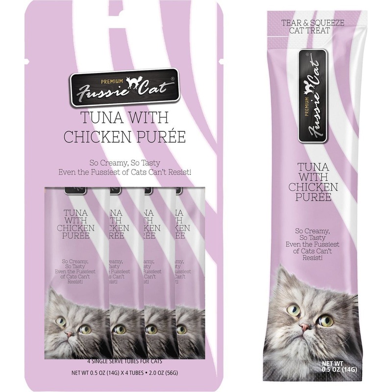 Fussie Cat Tuna Chicken Puree Lickable Cat Treats 0.5oz 4Pk