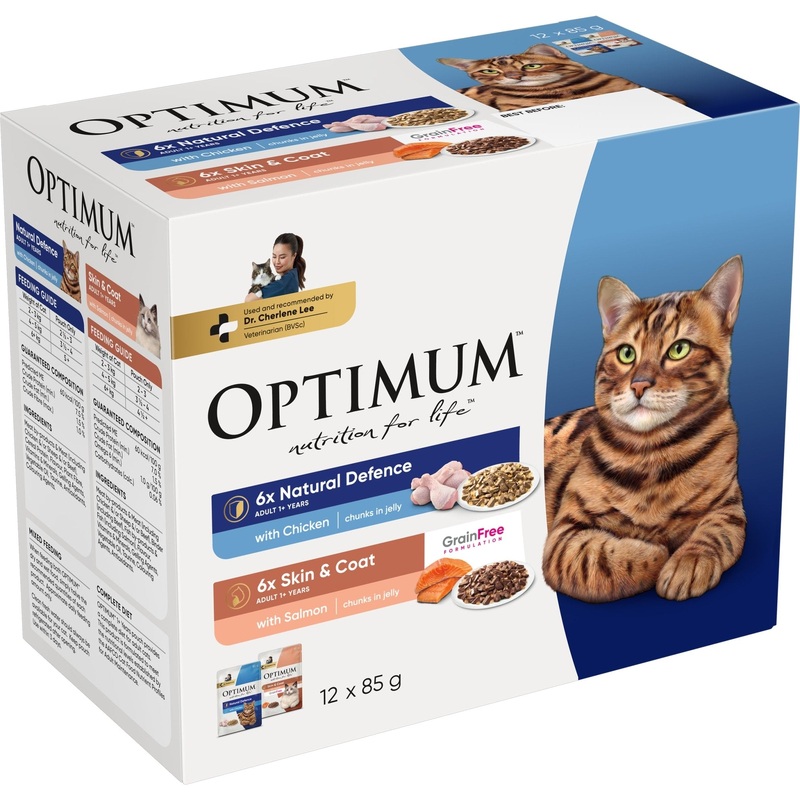 Optimum Wet Cat Food Natural Defences Chicken and Skin & Coat Salmon 12x85g