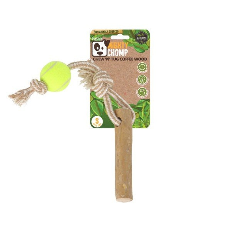 FurKidz Mighty Chomp Coffee Wood Rope Tug with Tennis Ball