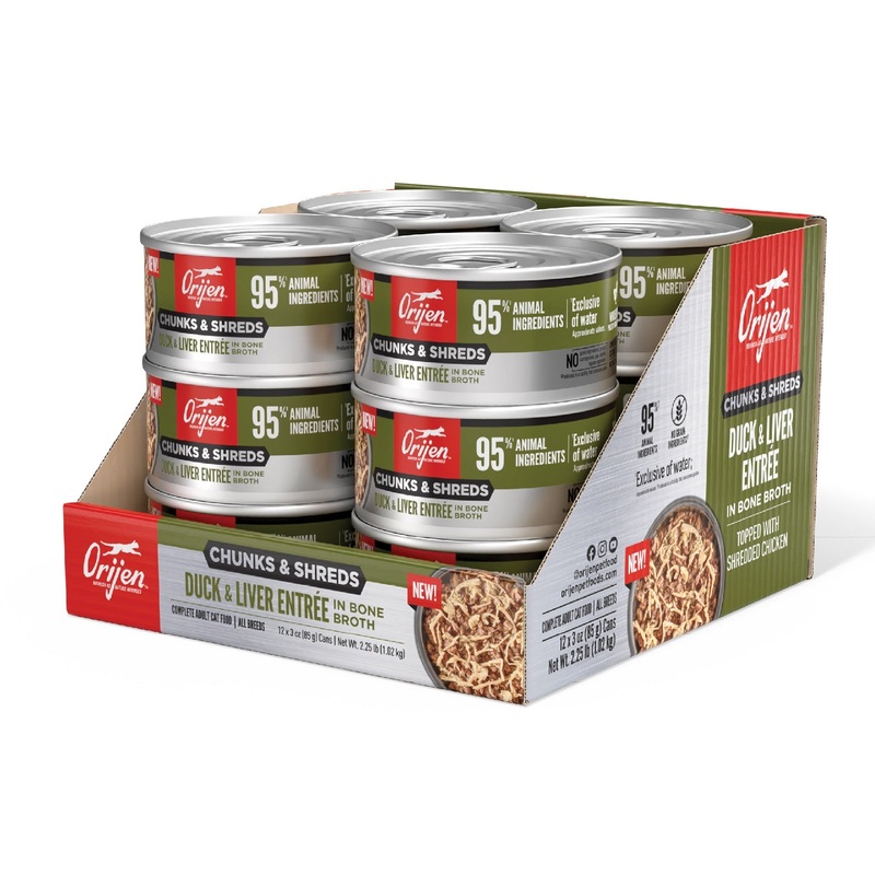 ORIJEN Chunks and Shreds Duck & Liver Entree in Bone Broth 12 x 85g