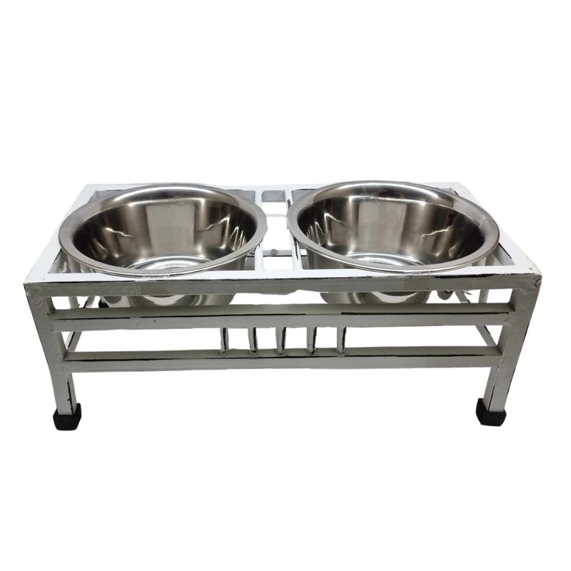 Water and Food Double Bowl on Stand (White)