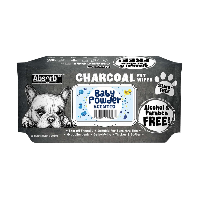 Absorb Plus Charcoal Baby Powder Scented Dog Wipes - 80 Sheets