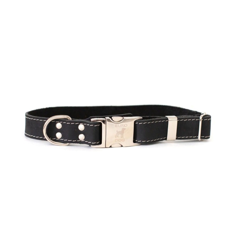 Euro-Dog Quick-Release Leather Dog Collar Medium Black