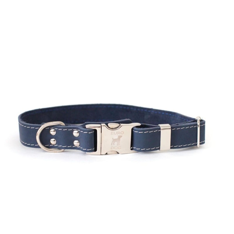 Euro-Dog Quick-Release Leather Dog Collar Small Navy