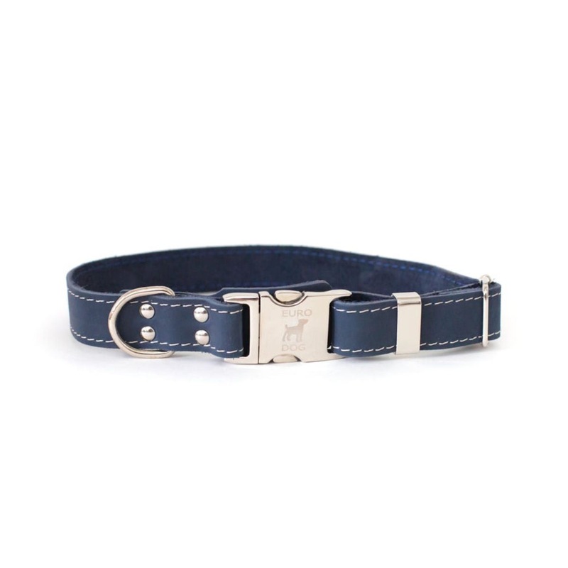 Euro-Dog Quick-Release Leather Dog Collar Medium Navy