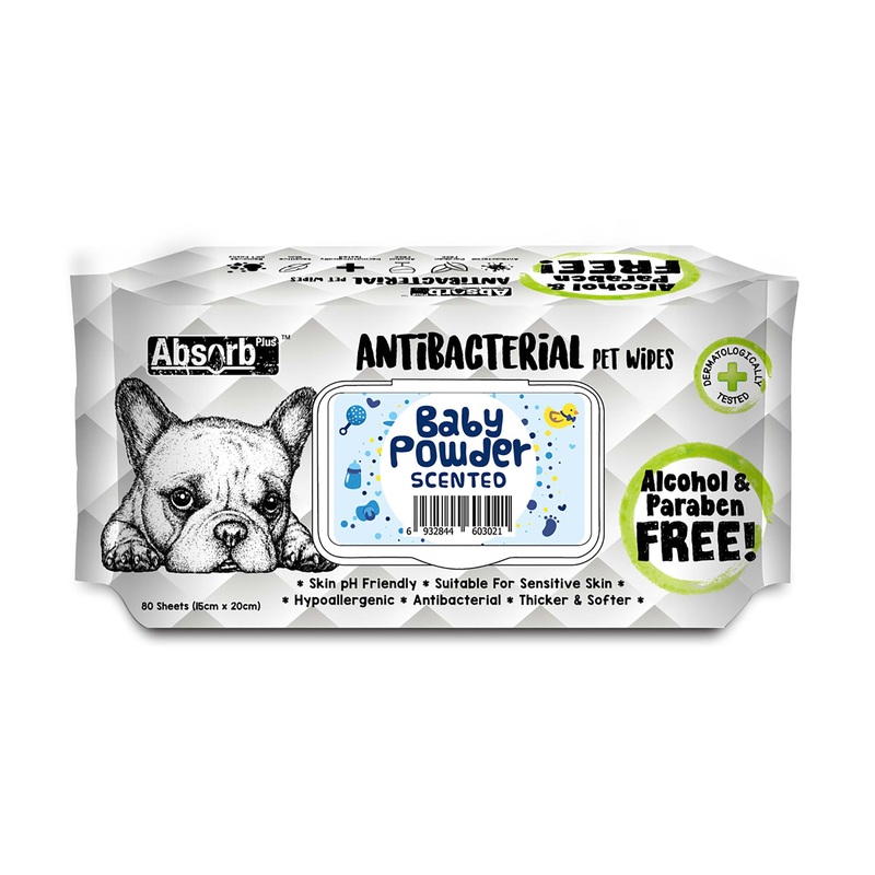 Absorb Plus Antibacterial Baby Powder Scented Dog Wipes - 80 Sheets