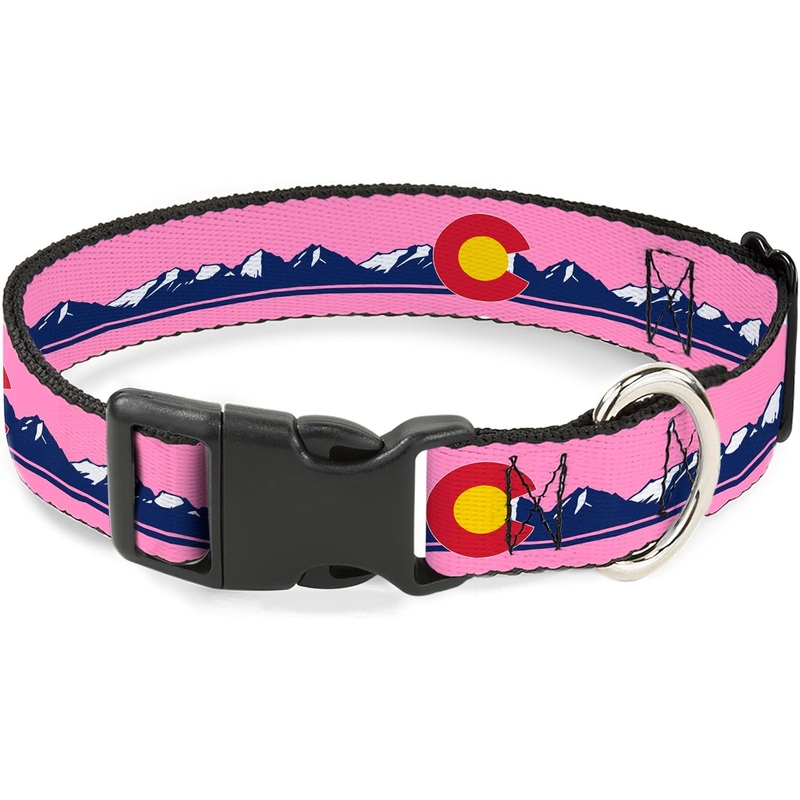 Buckle-Down Pet Collar, Colorado Flag Icon Mountain Skyline Pink Blue White, 13" - 17"