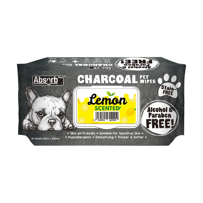 Absorb Plus Charcoal Lemon Scented Dog Wipes - 80 Sheets