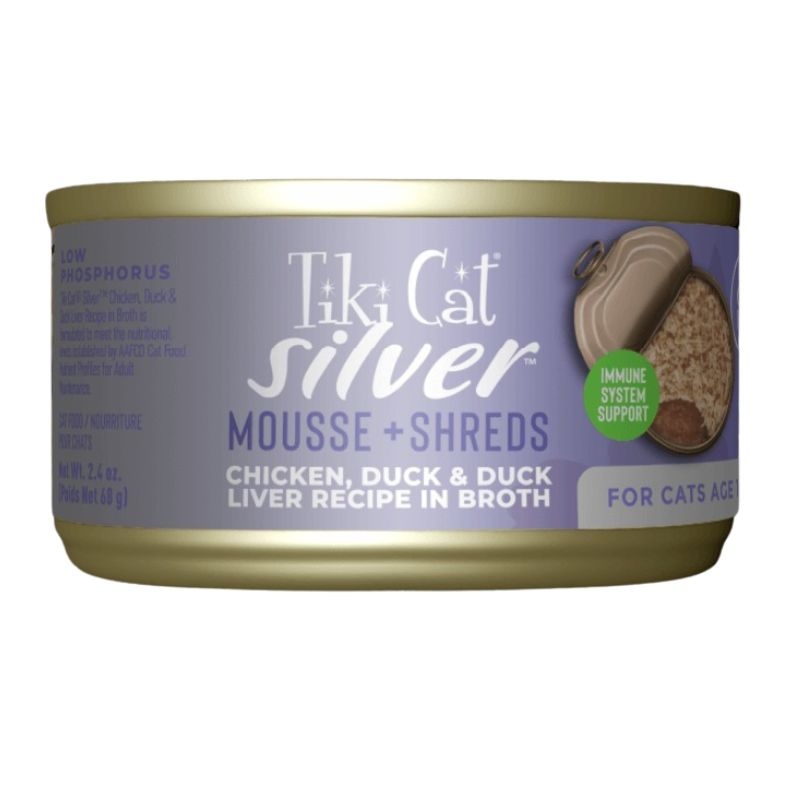 Tiki Cat Silver Mousse & Shreds Chicken Duck & Duck Liver Wet Cat Food 2.4oz