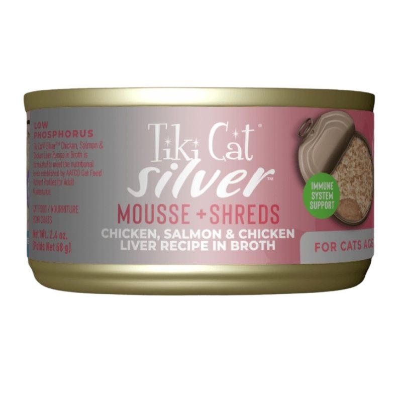 Tiki Cat Silver Mousse & Shreds Chicken Salmon & Chicken Liver Cat Food 2.4oz