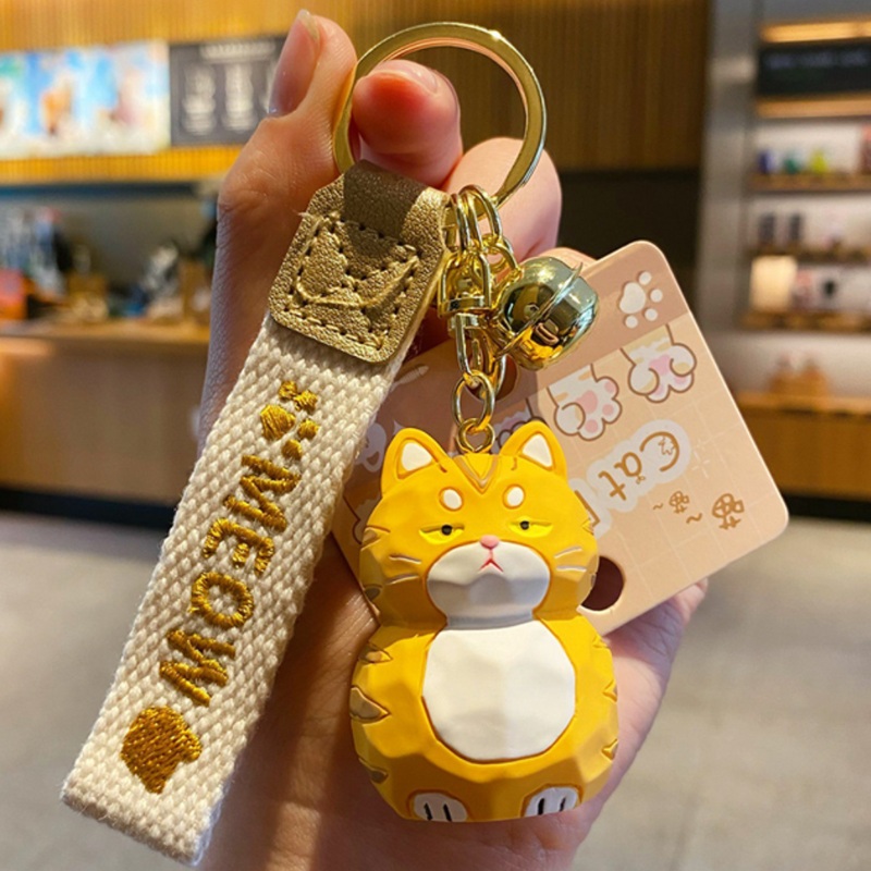 Wooden Carving Miao Miao Cat Family Keychain Yellow 4.73.4cm