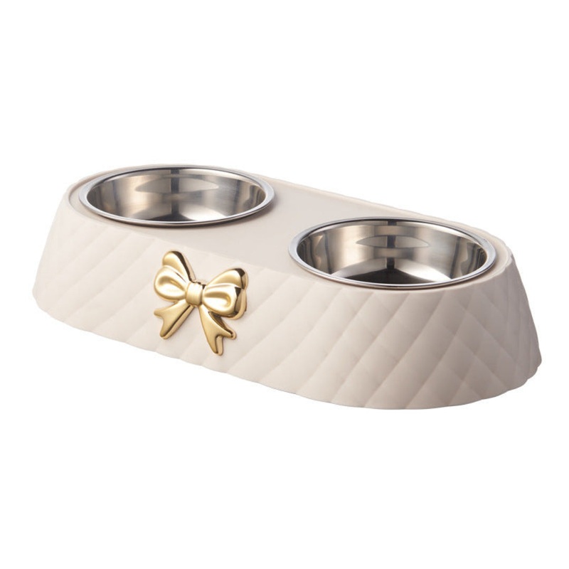 White Quilted Dual Pet Bowls With Bow