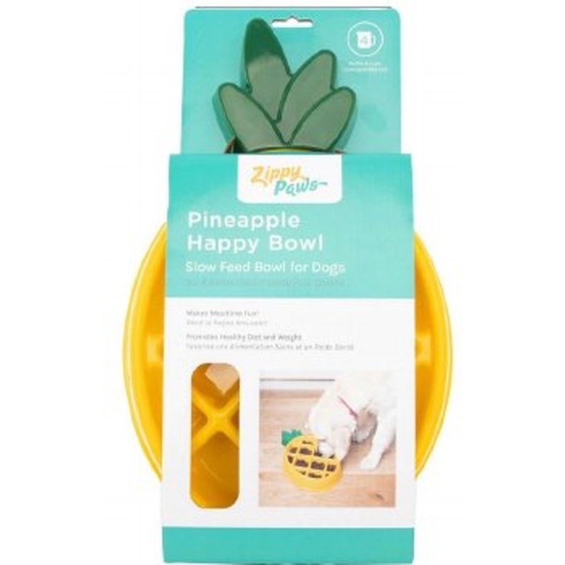 Zippy Paws Happy Bowl Slow Feeder Pinapple, Yellow, Dog Bowl, Medium