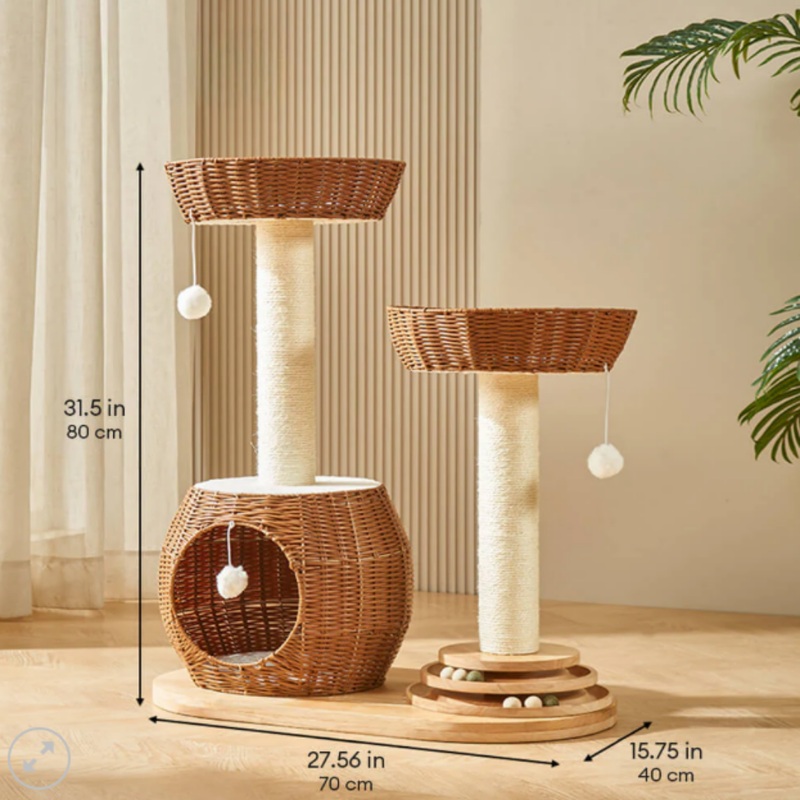 All-Season Natural Rattan Woven Cat Bed Solid Wood Large Cat Tree 407080cm