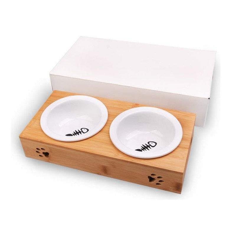 Bamboo frame ceramic double bowl M:31.4x15.3x6cm