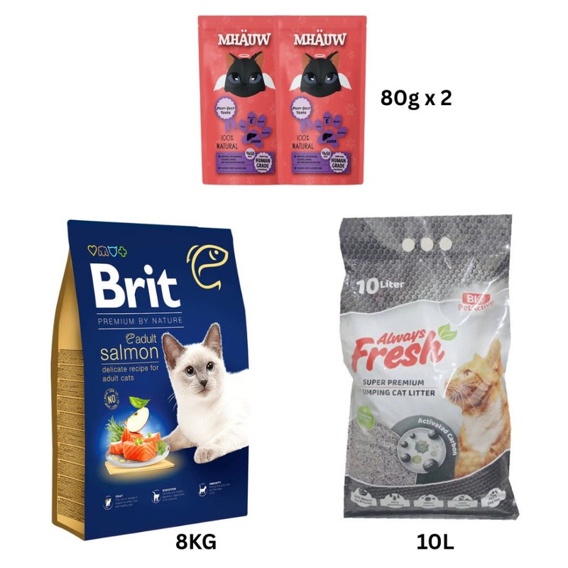 Activated Carbon (Clumping Cat Litter) 10L +  Nature Cat. Adult Salmon, 8 kg + MHAUW LIVER 80 G X 2 PIECES